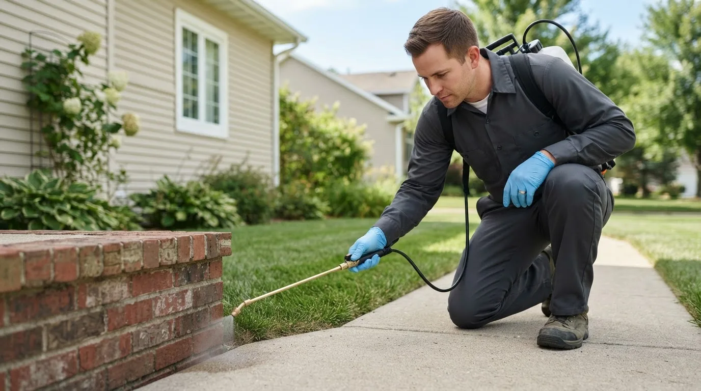 Pest control technician treating a home near York Beach, ME