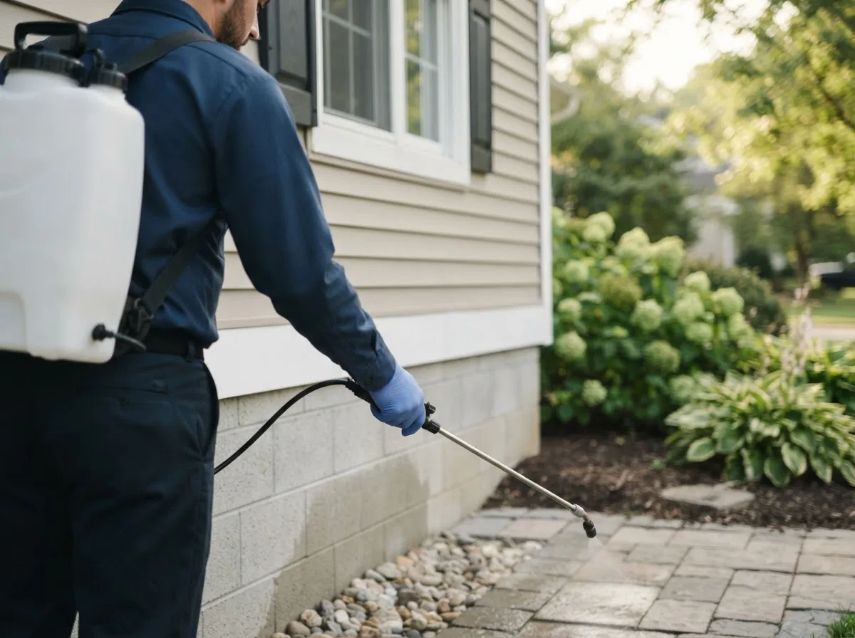Pest control technician inspecting a home in York Beach, ME